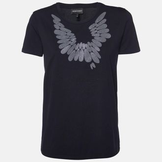 Emporio Armani Black Embellished Cotton Crew Neck T-Shirt