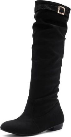 Generic Womens Slouchy Knee High Boots Buckle Detail Low Heels Pointed Toe Dressy Booties Comfortable Non Slip Durable for Evening Party Casual Wear,Black,6.5