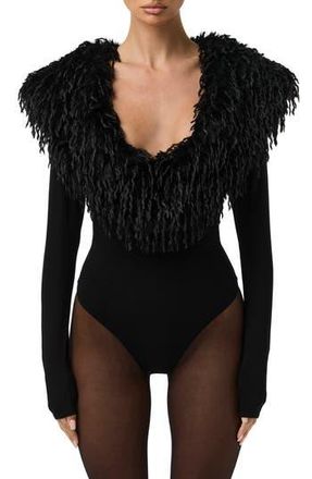 Naked Wardrobe Butter Long Sleeve Bodysuit with Feather Collar in Black at Nordstrom Rack, Size Large