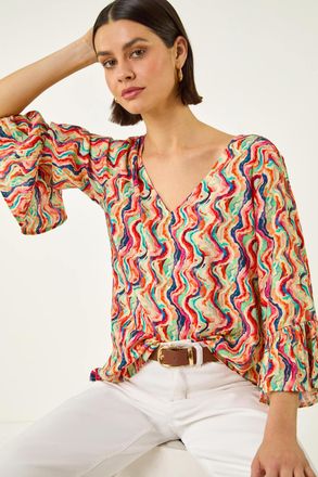 Roman Abstract Wave Print Flared Sleeve Top