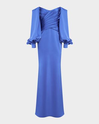 Theia Milenia Pleated Off-Shoulder Gown
