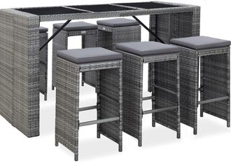 vidaXL Mesa Y Sillas De Bar Jard&iacute;n 7 Pzas Cojines Rat&aacute;n Sint&eacute;tico Gris Vidaxl
