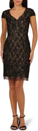 Adrianna Papell Beaded Soutache Sheer Lace Overlay Sheath Cocktail Dress in Black/Beige at Nordstrom, Size 18