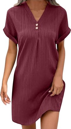 Generic Beach Dresses for Women UK Summer Ladies Dress Elegant Short Sleeve V Neck Casaul Shift Midi Holiday Shirt Sundress Shirt Dresses for Women UK