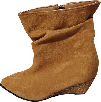 Generic Brown Females Glittering Dazzle Rhinestone Embellished Wedge Heel Extended Proportions Autumn Winter Time Comfortable Chunky Heel Ankle Boots for Leis