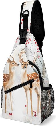 Generic Two Deer Snowy Day Mens Shoulder Bags Sling Crossbody Backpack Travel Hiking Chest Bag with Small Side 38x20cm