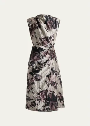 Erdem Draped Floral Satin Midi Dress