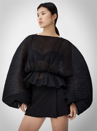 Icone Womens Pleated organza butterfly-sleeve black blouse