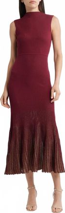 Moon River Mock Neck Pleated Midi Dress In Burgundy
