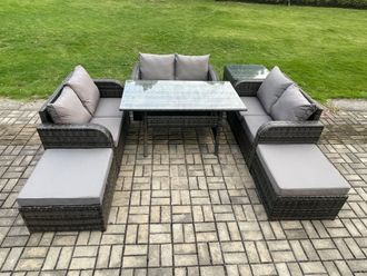 Fimous Outdoor Rattan Garden Furniture Lounge Sofa Set With Oblong Rectangular Dining Table 2 Big Footstool Side Table in Dark Grey