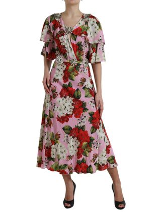 Dolce & Gabbana Womens Multicolor Floral Crystal Embellished A-Line Dress Silk Elastane