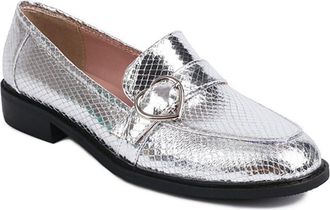 Generic Womens Fashion Snake Print Round Toe Loafers Slip On Heart Buckle Casual Lightweight Flat Shoes (7.5,Silver)