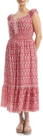 Max Studio Floral Tiered Cotton Blend Midi Dress in Red/White at Nordstrom Rack, Size X-Small