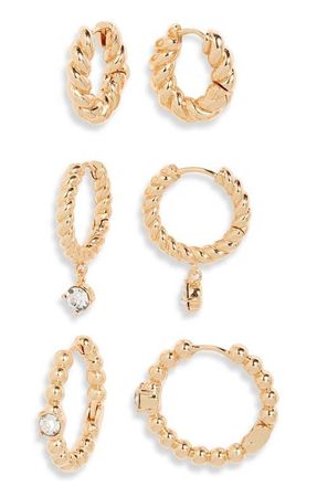 Open Edit 3 Pairs Twisted Metal Huggie Hoop Earrings in Clear- Gold at Nordstrom