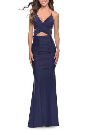 La Femme Cut Out Long Soft Jersey Dress with Criss Cross Bodice in Navy at Nordstrom, Size 10