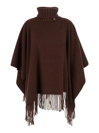 Fabiana Filippi Brown Cape With High Neck And Fringed Hem In Wool Blend Woman
