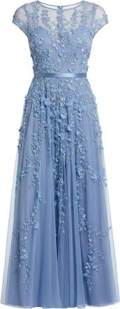 Mac Duggal Petite Floral Applique Cap-Sleeve A-Line Gown