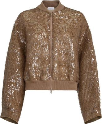 Brunello Cucinelli Dazzling Cascade Embroidery Bomber Jacket - female - Brunello Cucinelli - Bomber Jackets - Brown - XL - Jackets