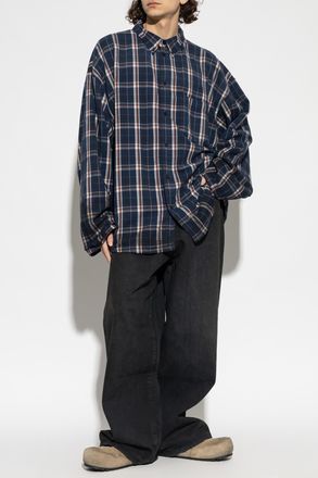 Balenciaga Plaid Pattern Shirt, Mens, Navy Blue