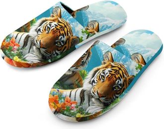 Generic Tigers Colorful Flowers Mens Cozy House Slippers Winter Warm Shoes with Anti-Slip Sole for Travel Indoor Outdoor
