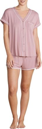 Barefoot Dreams Malibu Collection Soft Jersey Piped Pajamas in Teaberry-White at Nordstrom, Size X-Small