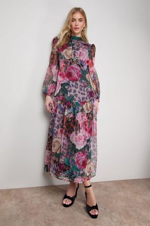 Oasis Womens Printed Dropped Curved Waist Long Sleeve Maxi Dress - Multicolour - Size 10 UK