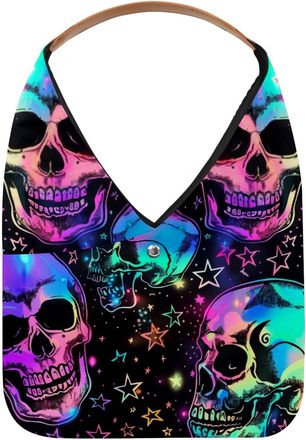 Generic Neon Stars Skull Pattern Reusable Lightweight Grocery Bags - Foldable Into Compact Pouch, Washable & Sturdy, Multipurpose for Shopping and Travel