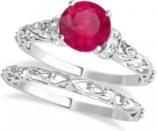 Allurez Ruby & Diamond Antique Style Bridal Set 14k White Gold (0.87ct)