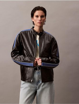 Calvin Klein Jeans Calvin Klein Womens Relaxed Leather Zip Jacket - Blue - XS