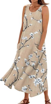 Generic Ladies Plus Size Summer Dresses Casual Flowy Loose Floral Print Crew Neck Sleeveless Dresses Maxi Tank Dress with Pockets Plus Size Clothes (Camel, XL