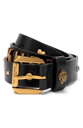 Kurt Geiger Block Letter Leather Belt in Black Antique Brass at Nordstrom, Size Medium