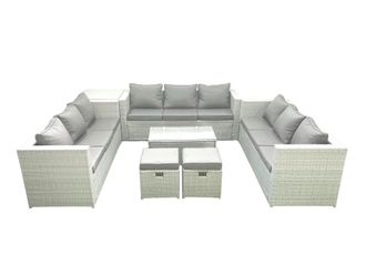 Fimous Rattan Garden Outdoor Furniture Set 11 Seater Garden Sofa Coffee Table Set with 2 Small Footstool Side Table Light Grey Mixed