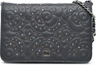 Chanel Pre-owned Womens Quilted Crossbody Embellished Style - Dark Grey Leather - One Size