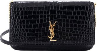 Saint Laurent Black Croc-Embossed Leather Classic Monogram Phone Holder Shoulder Bag (Authentic Pre-Loved)