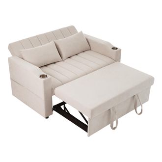 STILVORA Sof&aacute; Convertible 2 Plazas En Algod&oacute;n Lino Con Respaldo Ajustable, 2 Portavasos Y 2 Cojines, Beige
