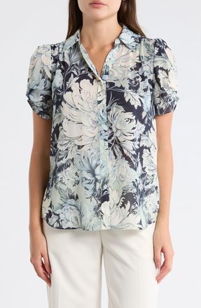 Adrianna Papell Patterned Pinch Sleeve Button-Up Shirt in Soft Cloud Vintage Floral at Nordstrom Rack, Size X-Small