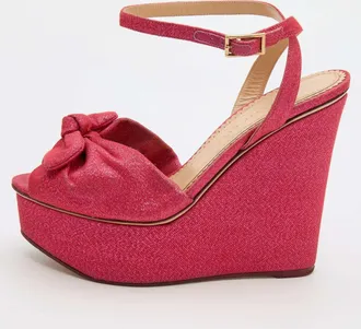 Charlotte Olympia Pink Glitter Fabric Velour Wedge Platform Sandals