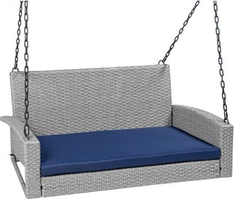 Best Choice Products Woven Wicker Hanging Porch Swing Bench for Patio, Deck w/ Mounting Chains, Seat Cushion