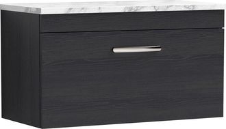Nuie Athena Wall Hung 1-Drawer Vanity Unit with Carrera Marble Worktop 800mm Wide - Charcoal Black Woodgrain - Nuie