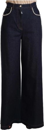 Dolce & Gabbana Donkerblauwe Kristal Versierde Flare Jeans - Dames - Loose Fit Jeans - Blauw - XS - Katoen - Jeans
