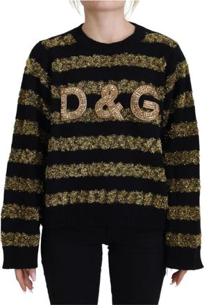 Dolce & Gabbana Kasjmier Trui met Kristallen - Zwart Goud - Dames - Ronde hals truien - Zwart - XS - Kasjmier - Truien & Vesten