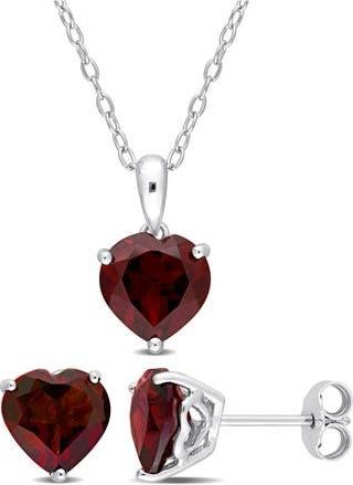 Delmar Sterling Silver Garnet Heart Stud Earrings & Necklace Set in Red at Nordstrom Rack