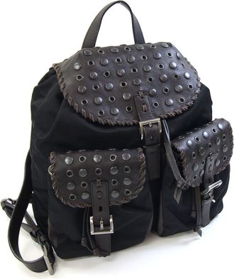 Prada Black Dark Brown Nylon Leather Backpack (Pre-Owned)