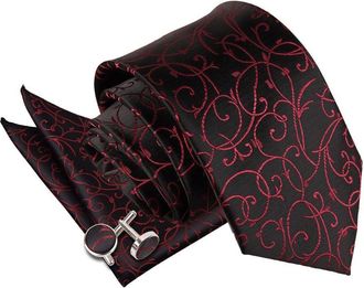 DQT Premium Woven Microfibre Swirl Patterned Black and Burgundy Mens Wedding Casual Classic Standard 9cm Tie Necktie with Matching Handkerchief Pocket Squ