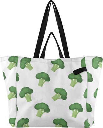 Generic Broccoli Vegetable White pattern Reusable Canvas Tote Bag, Heavy Duty Grocery Shopping Bag with Large Capacity Double Handles Hard Bottom Work Groceri