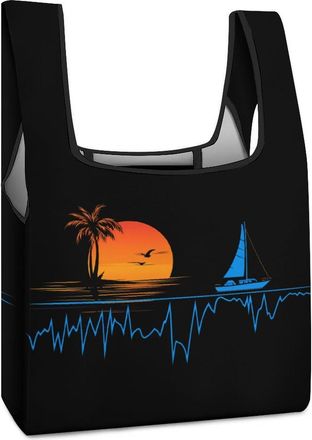 Generic Heartbeat with Sailboat Tropical Palm Trees Shopping Bag Reusable Grocery Tote Bag Foldable Handbag for Travel Picnic