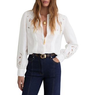 Reiss Ida Pleated Linen Button-Up Shirt in Ivory at Nordstrom, Size 4 Us