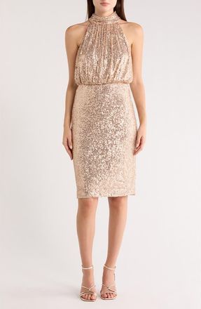 Eliza J Mock Neck Sleeveless Sequin Cocktail Dress in Rose Gold at Nordstrom Rack, Size 18 (Similar To 14W)