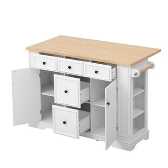 STILVORA Isla De Cocina Con 5 Cajones, Encimera Abatible, Estantes Ajustables, Enchufes Y Usb, Mdf, Blanco, 130,5 X 40-65 X 92 Cm