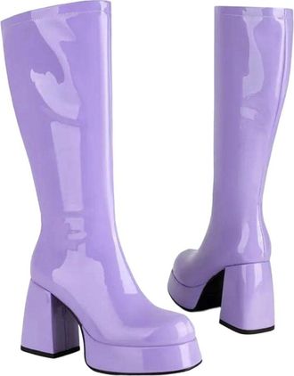 Generic Womens Knee High Patent Leather Boots Square Toe Thick Heel Side Zipper Long Boot